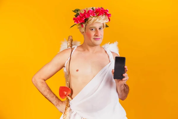 Cupido Con Cellulare Mano Promozione San Valentino — Foto Stock