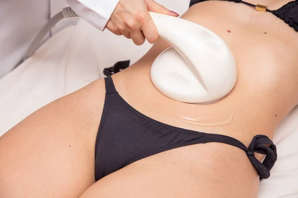 Closeup Young Woman Doing Ultrasound Her Belly Spa Concept — Stock Photo, Image
