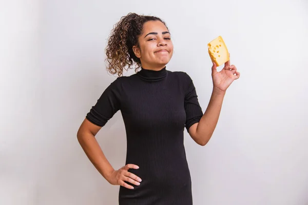 Young Woman Slice Cheese Her Hand Woman Eating Parmesan Cheese — Stock Photo, Image