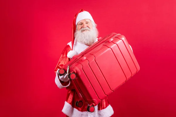 圣诞老人和他的手提箱 新年旅游的理念 机场的圣诞老人 — 图库照片