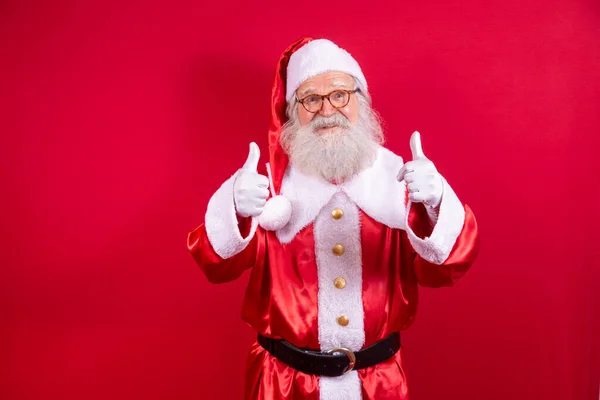 Der Weihnachtsmann Zeigt Daumen Hoch Weihnachtsmann Mit Echtem Bart Und — Stockfoto