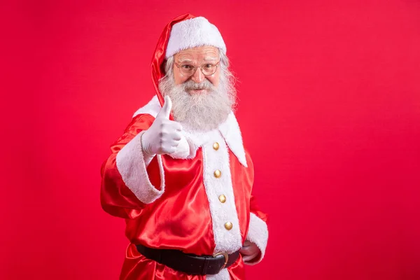 Kerstman Met Zijn Duim Omhoog Een Duim Omhoog Kerstavond Cadeaubestelling — Stockfoto