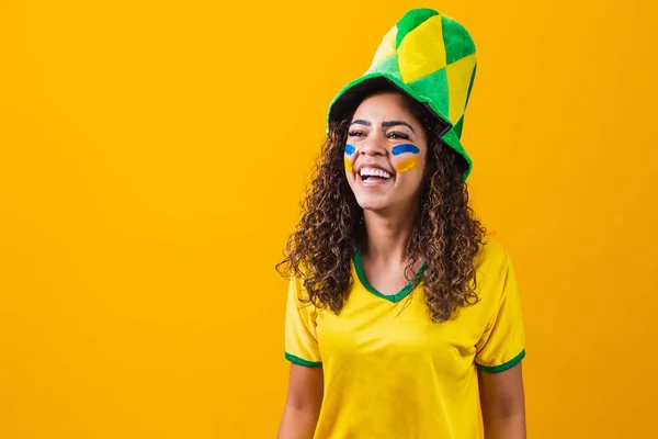 Brazilian Fan Using Paint Makeup Brazilian Fan Celebrating Football Soccer — Stock Photo, Image