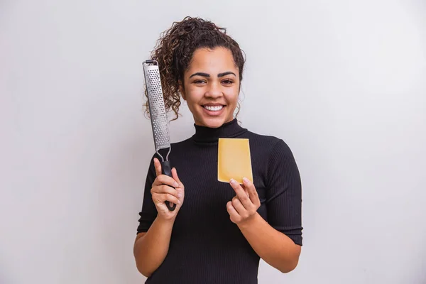 Young Woman Grating Cheese Young Woman Holding Grater Piece Cheese — Stock Photo, Image