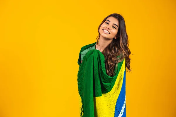 Brazilian Supporter Brazilian Woman Fan Celebrating Soccer Football Match Yellow — Stock Photo, Image