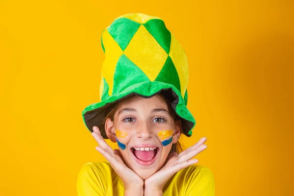 Beautiful Little Girl Cheering Her Team Yellow Background Painted Face — Stock Photo, Image
