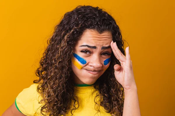 Brazilian Fan Disappointed Yellow Background Brazilian Blouse — Stock Photo, Image