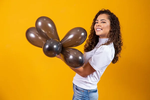 Young Woman Celebrating Her Birthday Party Bunch Air Balloons — Stock Photo, Image