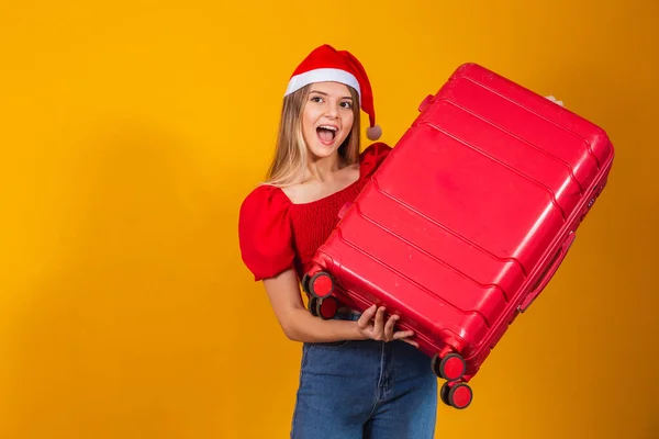 Blond Ung Kvinna Jul Outfit Och Resväska Julresor — Stockfoto