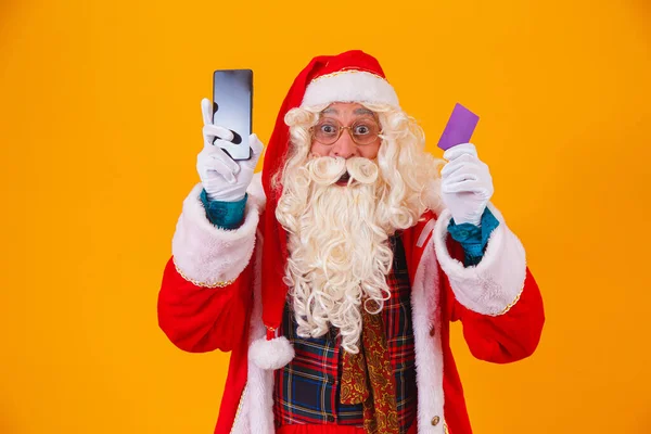Jultomten Använder Kreditkort För Att Betala För Internetköp — Stockfoto