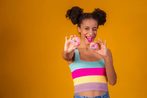 Young Pretty Afro Woman Donut — Stock Photo, Image