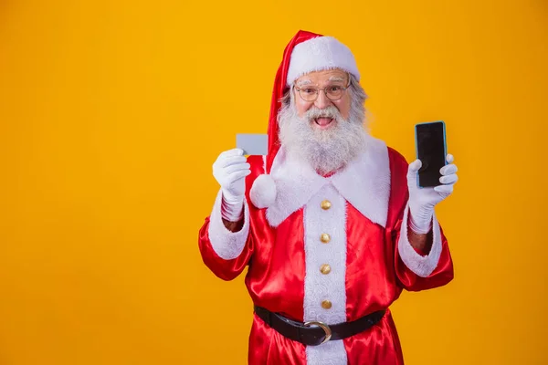 Porträtt Vacker Jultomte Som Håller Kreditkort Och Smartphone Med Tom — Stockfoto