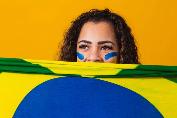 Misterious Black Woman Fan Holding Brazilian Flag Your Face Brazil — Stock Photo, Image
