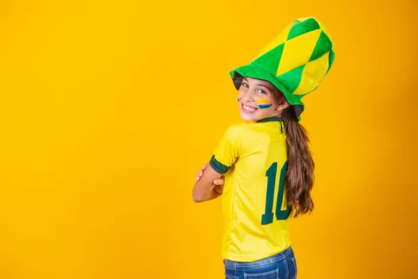 Little Brazilian Fan Girl Her Back Yellow Background Brazil Shirt — Stock Photo, Image