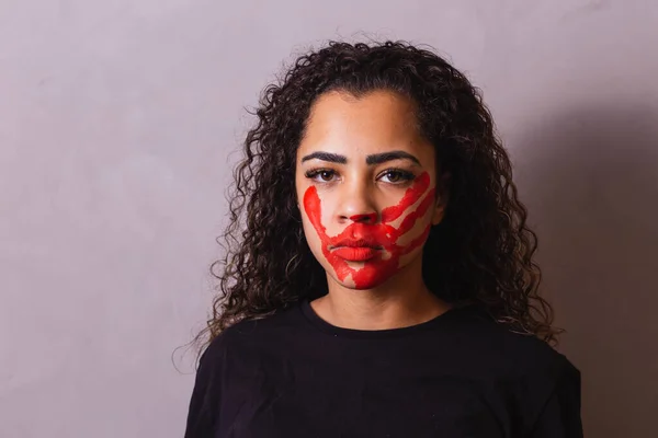 Afro Woman Handprint Her Mouth Favor Awareness Feminicide Domestic Violence — Stock Photo, Image