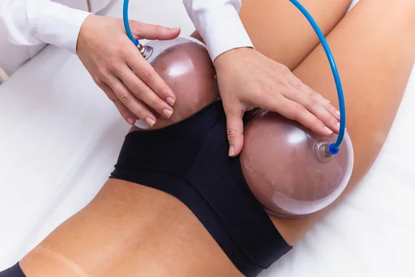Woman Using Suction Cup Pump Her Butt Lift — Stock Photo, Image