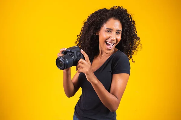 Mujer Joven Tomando Fotografías Slr — Foto de Stock