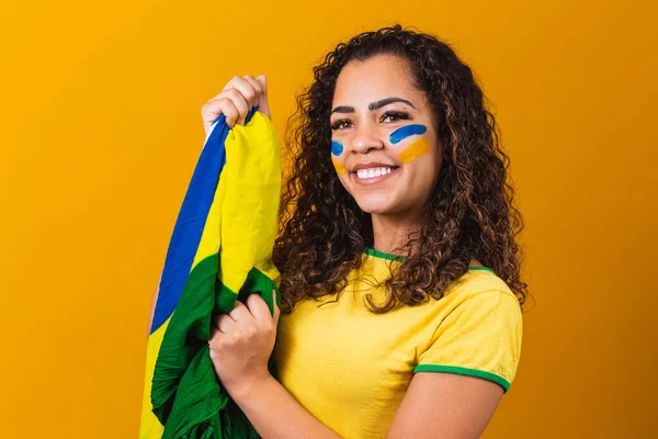 Afro Girl Cheering Favorite Brazilian Team Holding National Flag Yellow — Stock Photo, Image