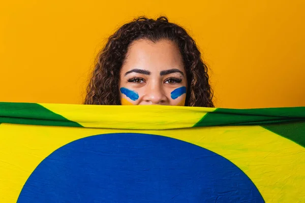 Misteriosa Tifosa Nera Con Una Bandiera Brasiliana Faccia Brasile Colori — Foto Stock