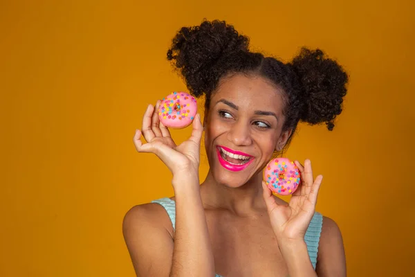 Young Pretty Afro Woman Donut — Stock Photo, Image