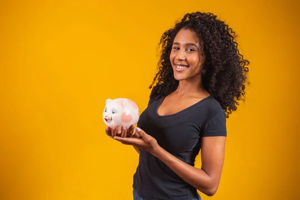 Young Woman Piggy Bank Solid Background — Stock Photo, Image