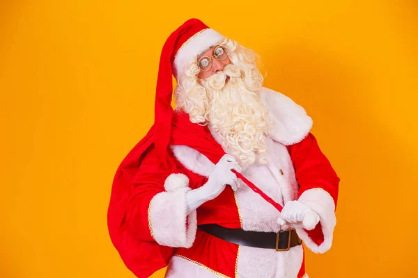 Mikulás Egy Hatalmas Táska Rohanás Hogy Karácsonyi Ajándékokat Mikulás Sárga — Stock Fotó