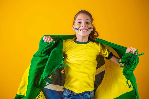 Football Supporter Brazil Team Beautiful Little Girl Cheering Her Team — Stock Photo, Image