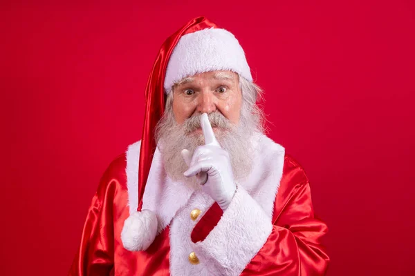 Santa Claus Keeping Forefinger His Mouth Looking Camera Shh Keep — Stock Photo, Image