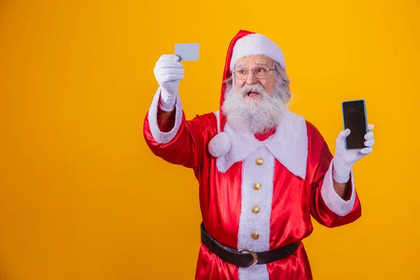 Portrait Beau Père Noël Tenant Carte Crédit Smartphone Avec Écran — Photo