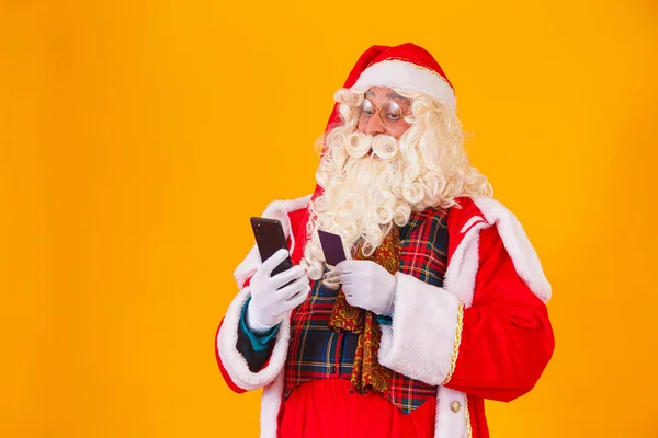 Père Noël Utilisant Carte Crédit Pour Payer Les Achats Sur — Photo