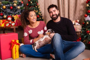 Noel kıyafetleri ve evcil hayvan giymiş sevgililer günü çifti. Mutlu bir aile Noel gecesinde