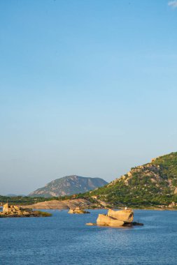 Doğa fotoğrafı. Ağaçları ve dağları olan güzel bir nehir. Dikey