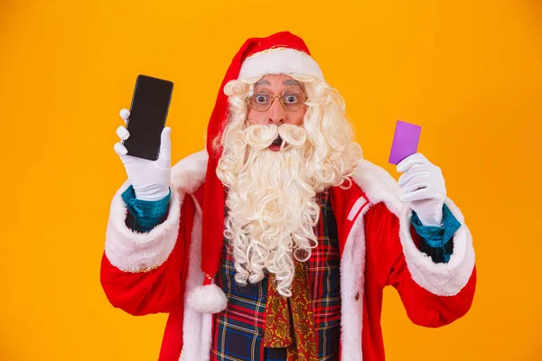 Papai Noel Usando Cartão Crédito Para Pagar Compras Internet — Fotografia de Stock