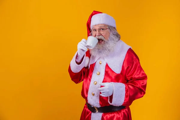 Real Santa Having Coffee Yellow Background Free Space Text — Stock Photo, Image