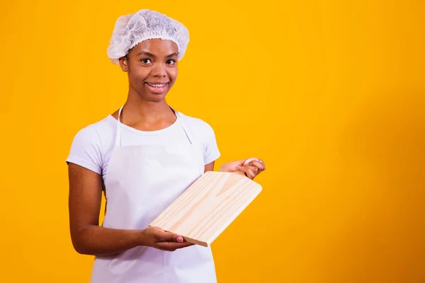 Afro Woman Apron Holding Meat Board Space Text — Stock Photo, Image