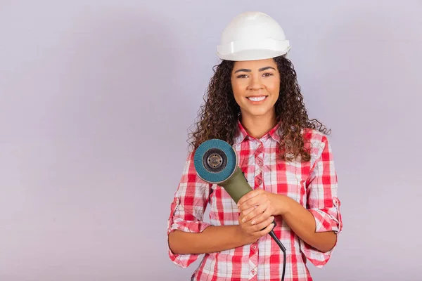 Afro Woman Holding Electric Sander Building Material Concept — Stock Photo, Image