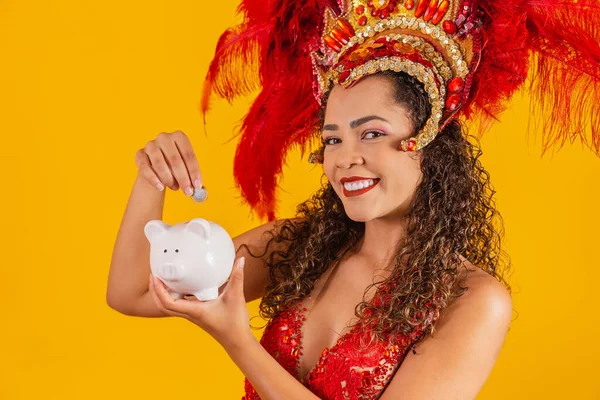 Carnival Dancer Woman Holding Piggy Bank Hands Concept Saving Carnival — Stock Photo, Image
