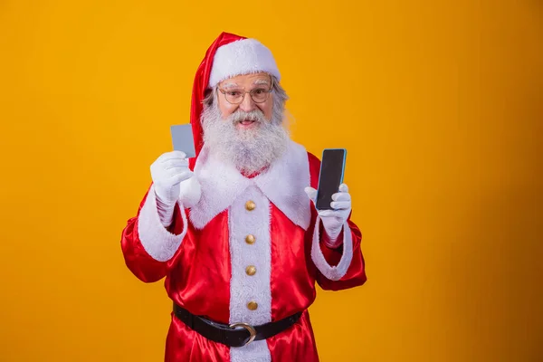 Portrait Beau Père Noël Tenant Carte Crédit Smartphone Avec Écran — Photo