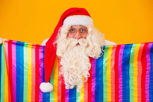 Bögjultomten Håller Hbt Flaggan Julen Gay Pride Koncept — Stockfoto