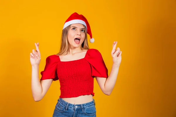 Noel Baba Nın Şans Dilediği Kadın Pozitif Duygu Yüz Ifadesi — Stok fotoğraf