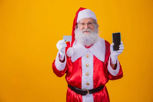 Retrato Belo Papai Noel Segurando Cartão Crédito Smartphone Com Tela — Fotografia de Stock
