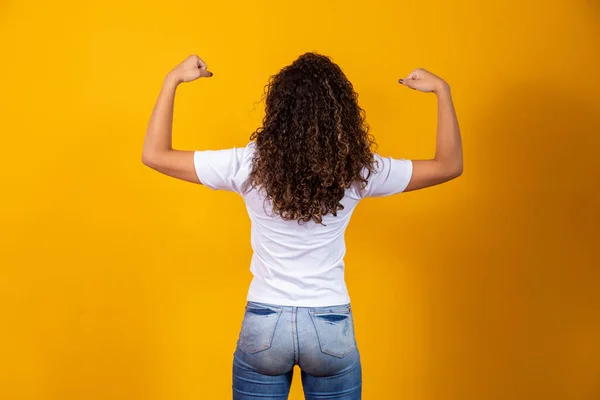 Woman Her Back Showing Her Arm Muscles Strong Concept — Stock Photo, Image