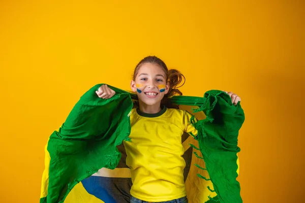Supporteur Football Équipe Brésil Belle Petite Fille Acclamant Pour Son — Photo