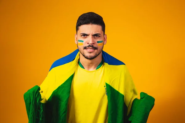 Brazilian Fan Cheering Crowd Yellow Background — Stock Photo, Image