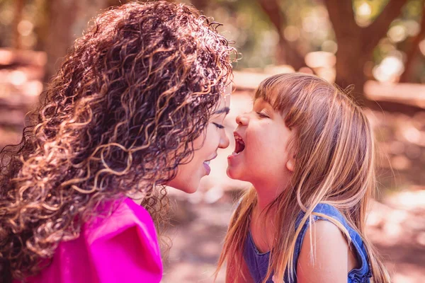 Mother Daughter Giving Eskimo Kiss Mothers Day Afro Mother White — Stock Photo, Image