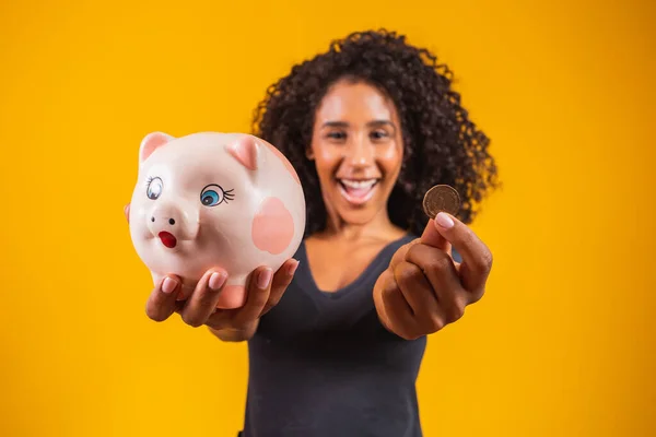 Young Woman Piggy Bank Solid Background — Stock Photo, Image