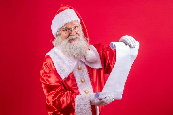 Portrait Happy Santa Claus Reading Christmas Letter Wish List — Stock Photo, Image