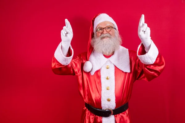 Portrait Homme Âgé Rêveur Costume Père Noël Croisant Les Doigts — Photo