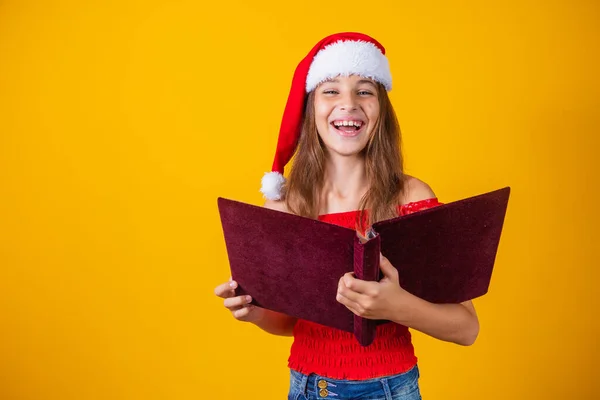 Beautiful Caucasian Child Girl Red Velvety Book Reading Christmas Stories — Stock Photo, Image
