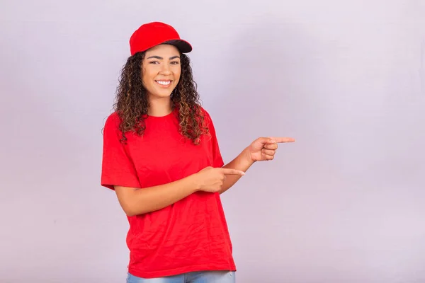Delivery Employee Woman Red Cap Blank Shirt Uniform Work Courier — Stock Photo, Image